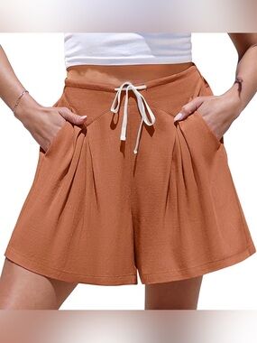 Women's Drawstring Pleated Linen Shorts in Rust
